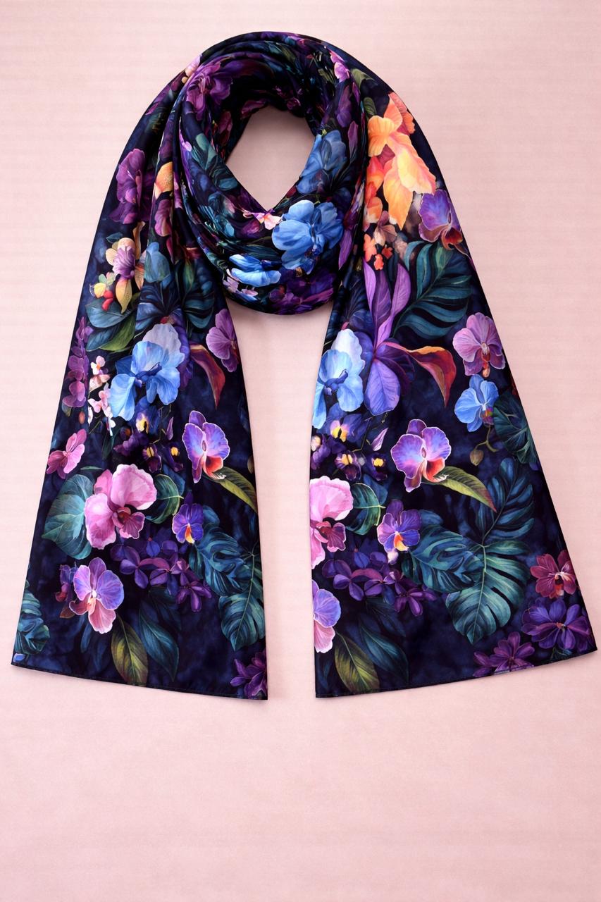 Midnight Orchid Scarf – Botanical Floral Wrap