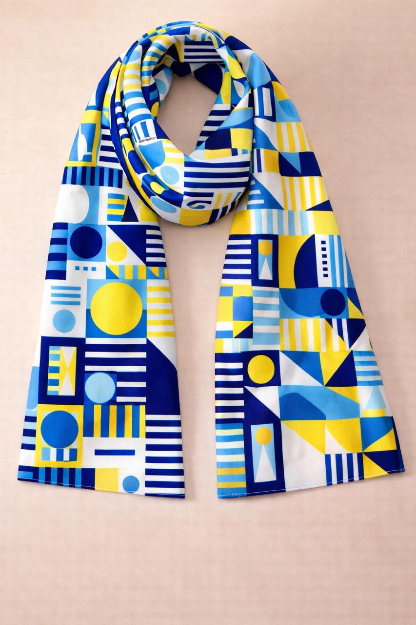 Blue & Yellow Geometric Scarf – Modern Graphic Wrap