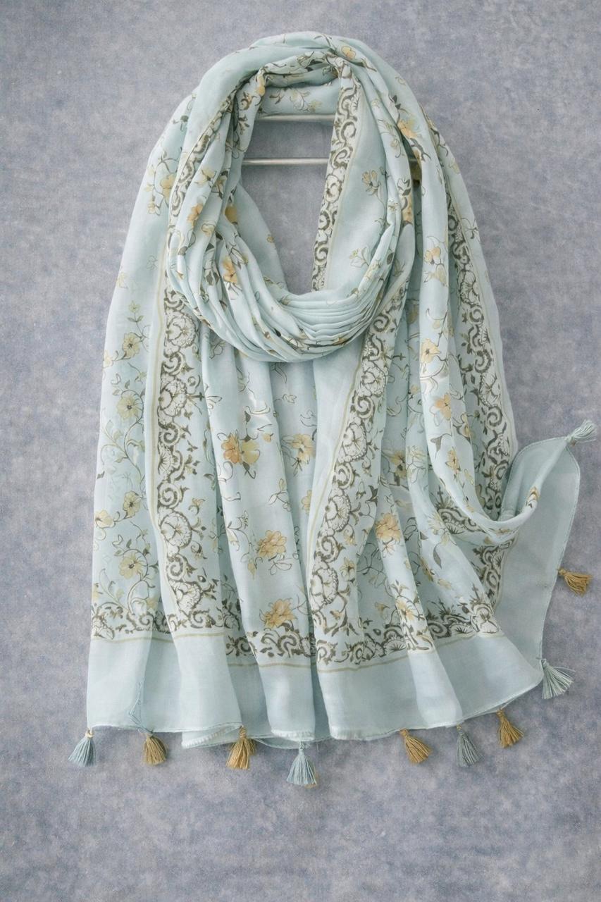 Light Blue Vintage Floral Tassel Scarf