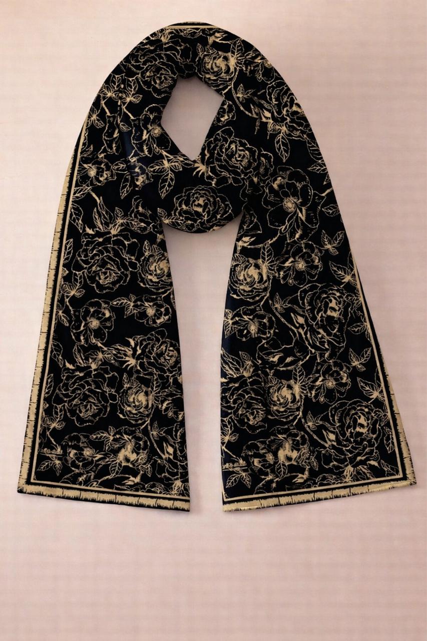 Midnight Rose Scarf – Gold Floral Wrap