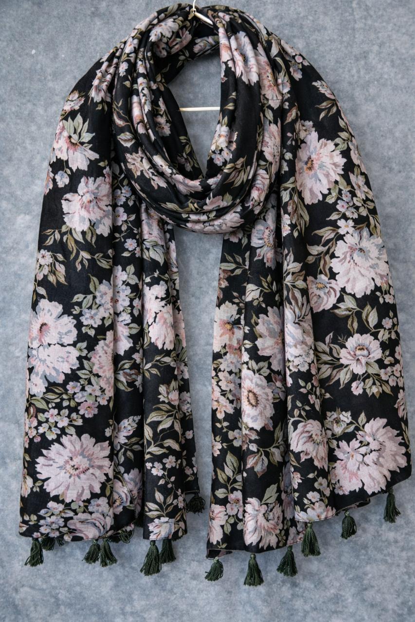 Polychrome Floral Tassel Scarf