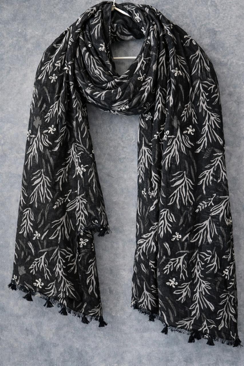 Monochrome Leaf Sketch Scarf - Minimal Artistic Wrap
