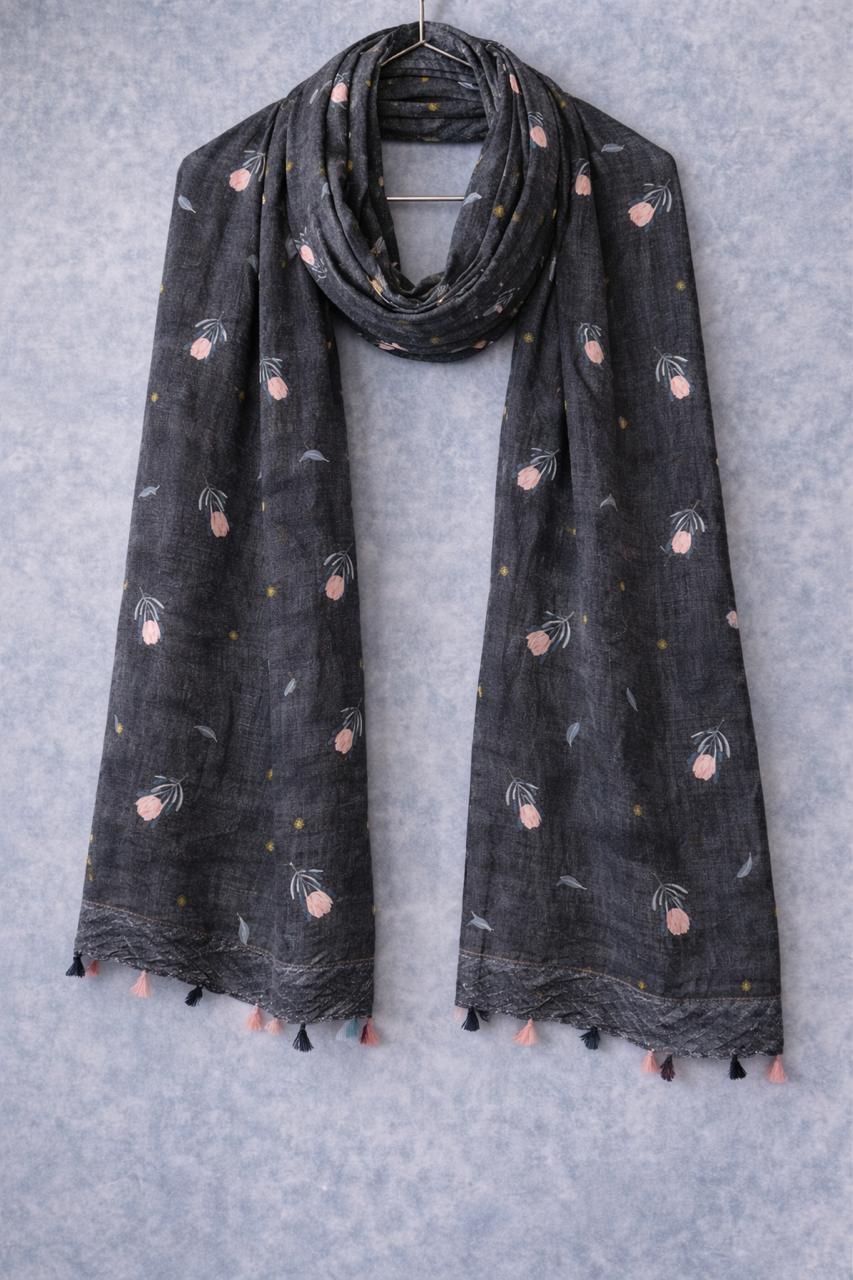 Charcoal Tulip Print Scarf - Subtle Elegant Wrap
