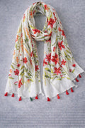Crimson Garden Floral Scarf – Printed Tassel Wrap