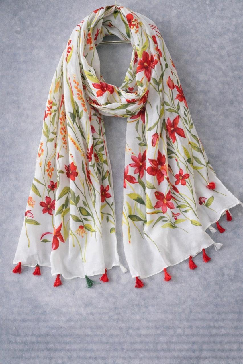 Crimson Garden Floral Scarf – Printed Tassel Wrap