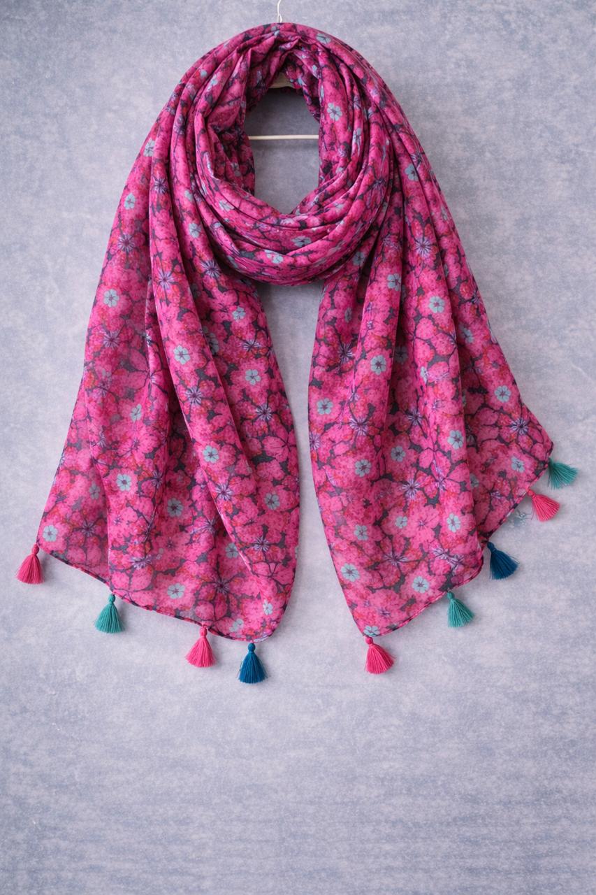 Berry Bloom Tassel Scarf – Dense Floral Print