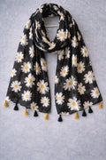 Midnight Daisy Contrast Scarf – Floral Tassel Wrap