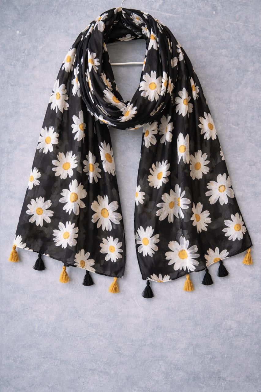 Midnight Daisy Contrast Scarf – Floral Tassel Wrap