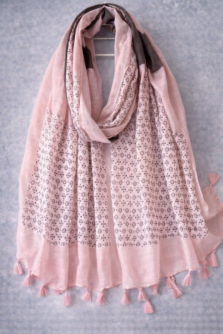 Blush Grid Print Scarf – Lightweight Tassel Wrap