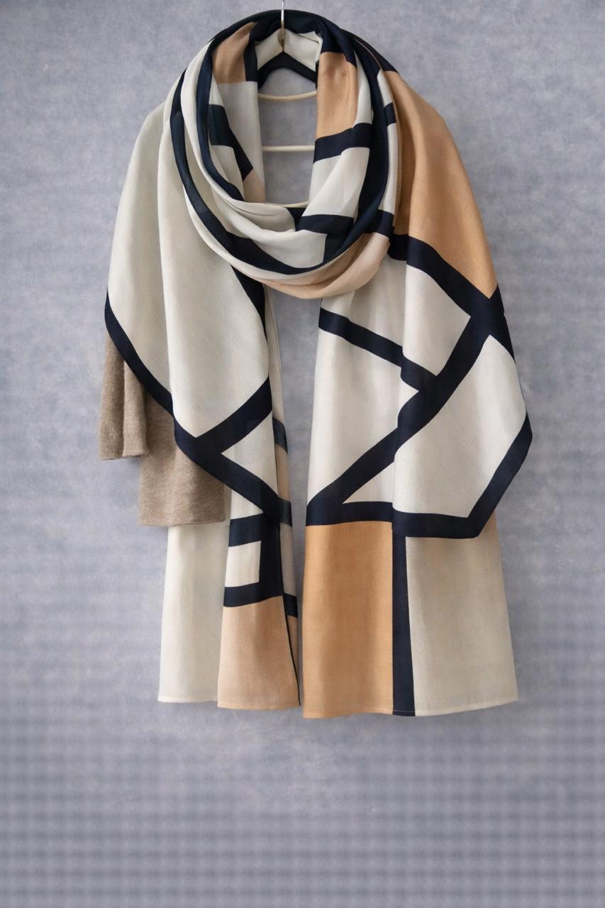 Soft Geometry Neutral Scarf – Abstract Line Wrap