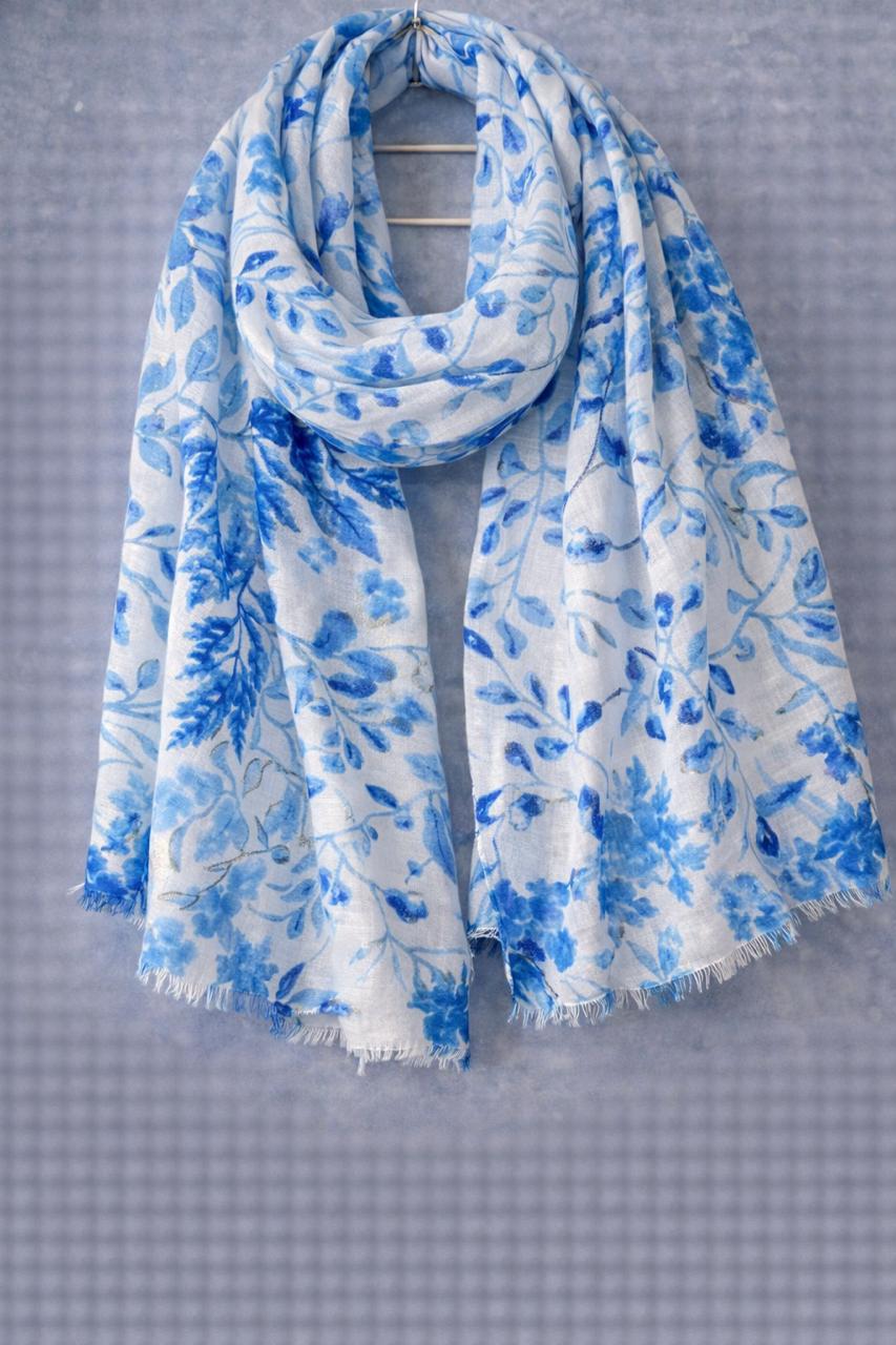 Blue Botanical Brush Scarf