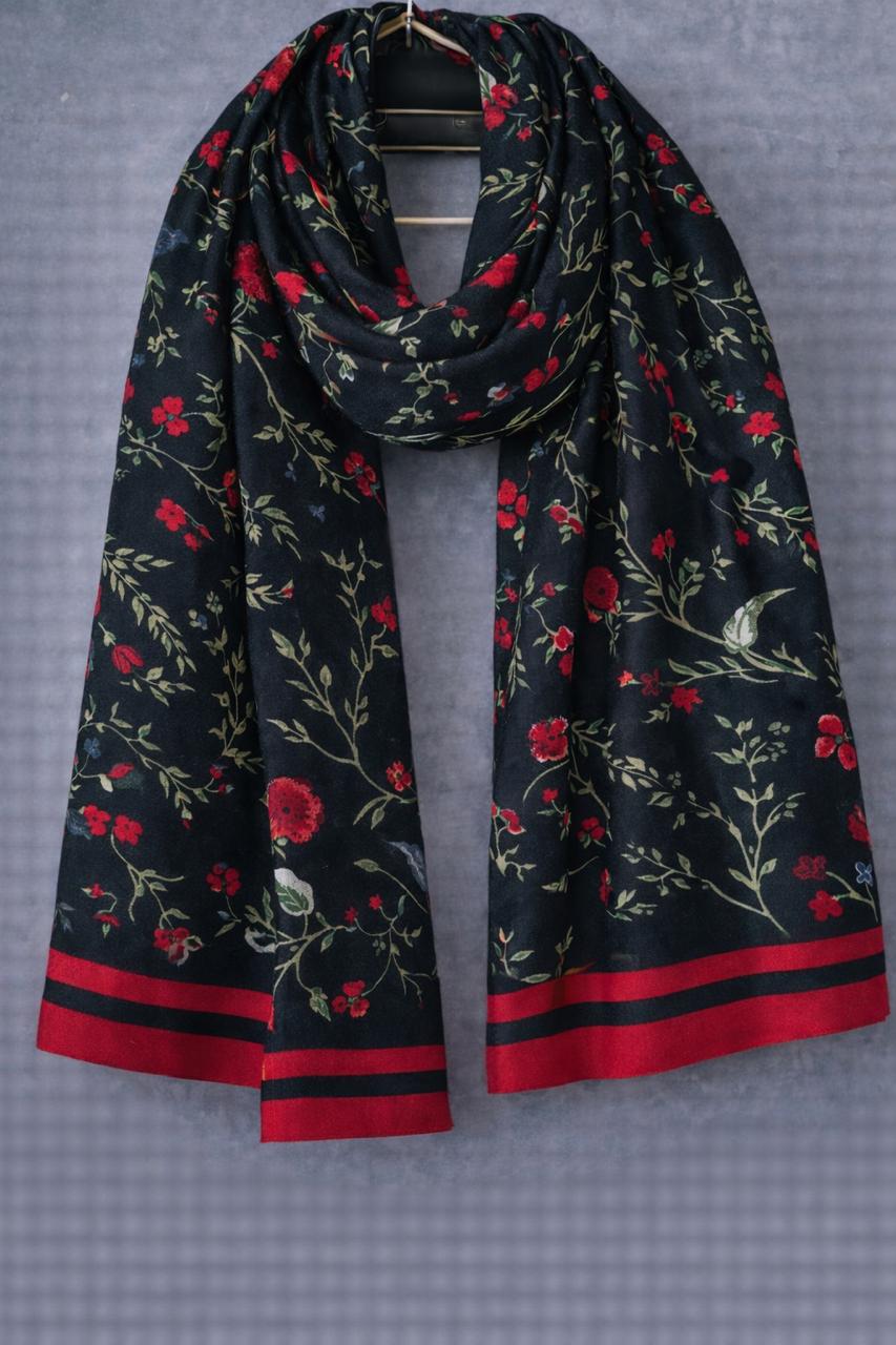 Black Red Floral Border Scarf